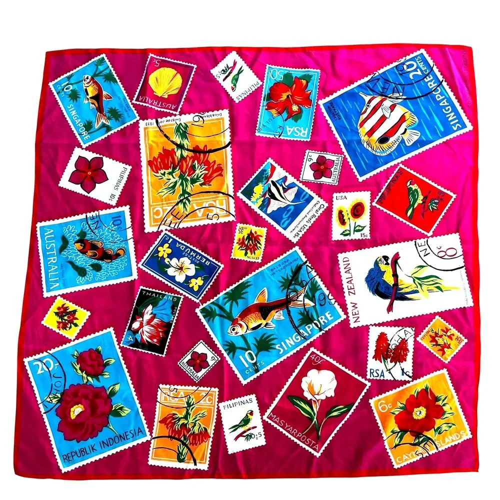 Vintage Adrienne Vittadini silk scarf square pink & colorful stamps travel theme